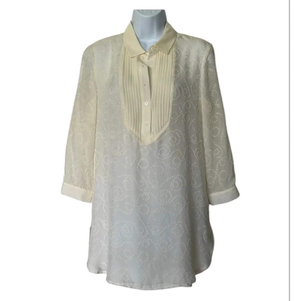 J. McLaughlin Colette silk tunic cream pintuck Swiss dot 3/4 sleeves Size S - Picture 2 of 10